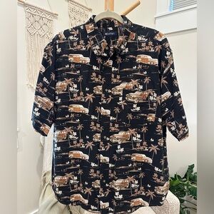 Puritan Men’s XL Hawaiian Shirt Black Tropical Woody Car Print 100% Cotton